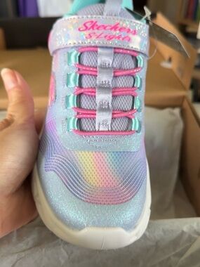 Skechers Kids Glitter Rainbow Lace-Style Sneaker in Pastel Blue & Pink
